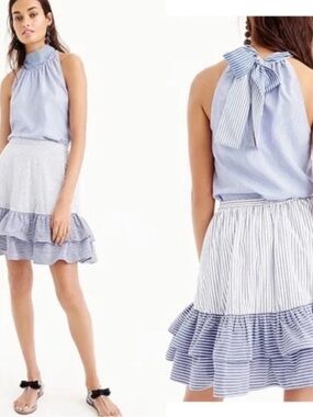 J. Crew Light Blue and White Striped Ruffle-Hem Skirt Size 4
